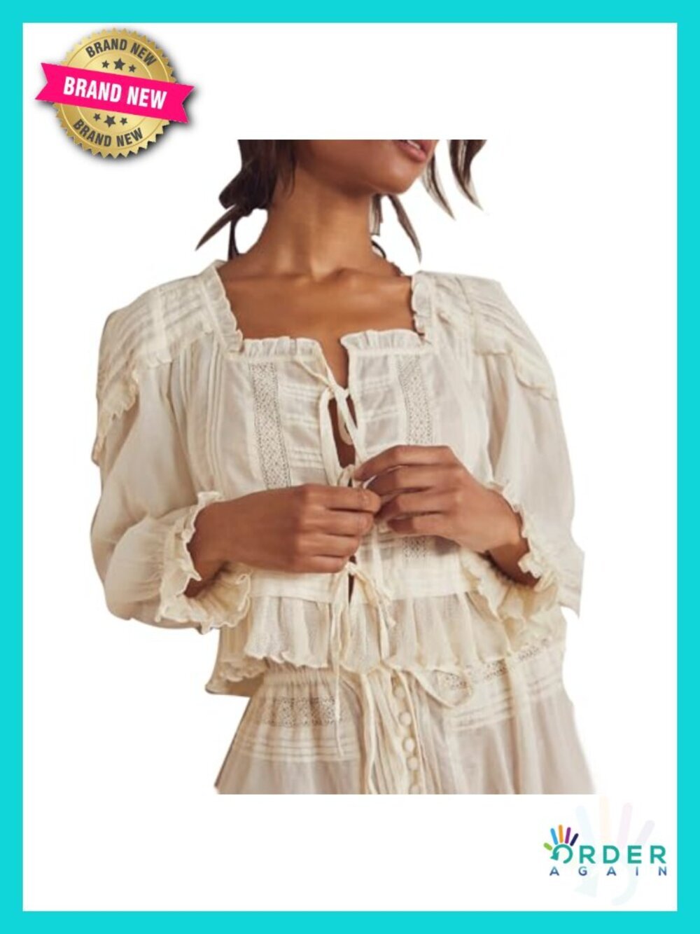 Long Puff Sleeve Front Tie Up Lace Trim Blouse Crop Top Button Down Ruffle Hem